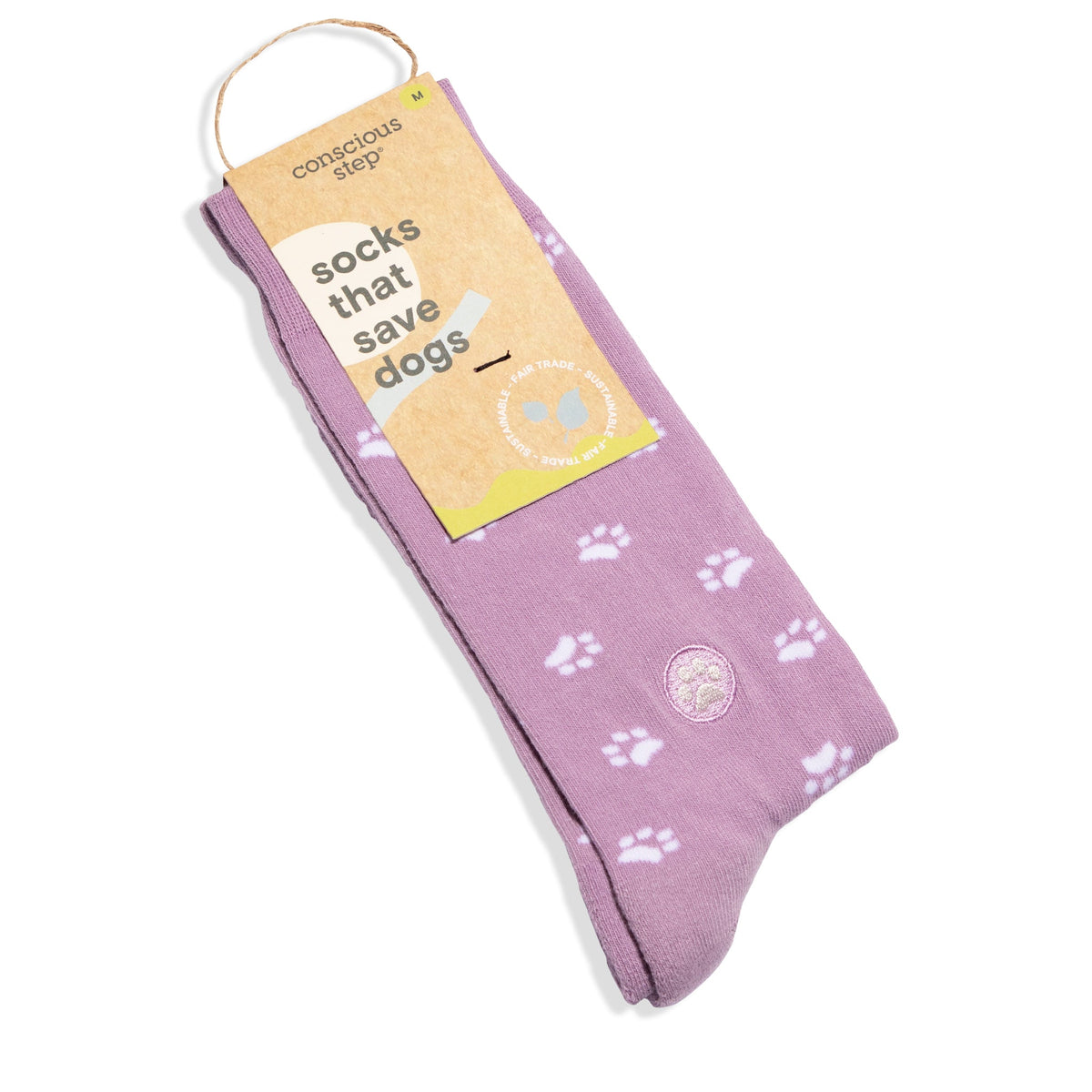 Purple socks with paw prints on a white background, featuring a 'conscious step' label.