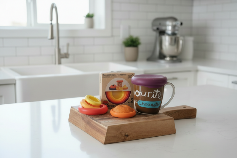 Reusable silicone food savers with a branded mug on a wooden surface.