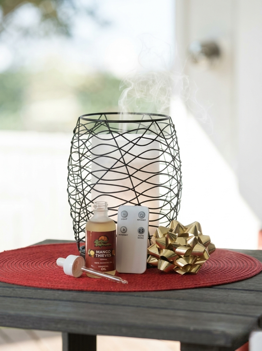 Decorative items including a wire lantern, bottle, remote control, and gold bow on a red mat.