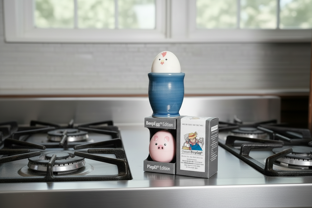 BeepEgg Chicken and Pig editions in packaging on a wooden surface