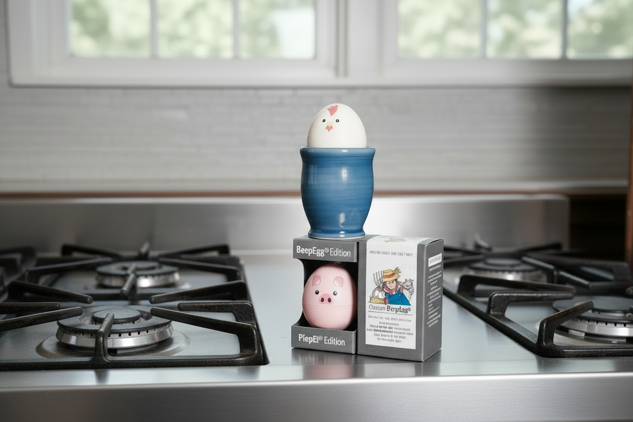 BeepEgg Chicken and Pig editions in packaging on a wooden surface