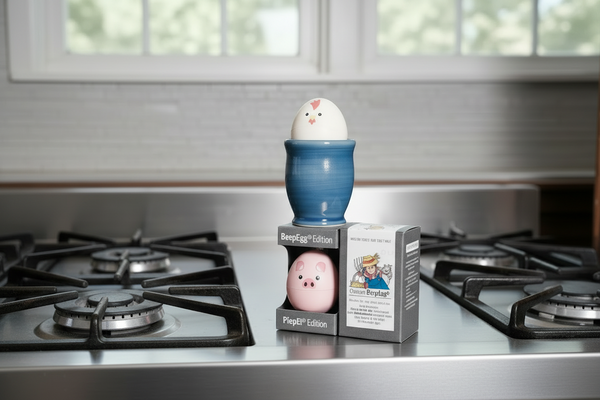 BeepEgg Chicken and Pig editions in packaging on a wooden surface