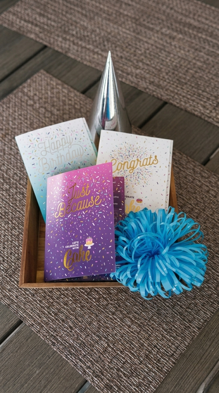 Box with greeting cards that contain an instant cake mix and a blue decorative flower on a textured surface