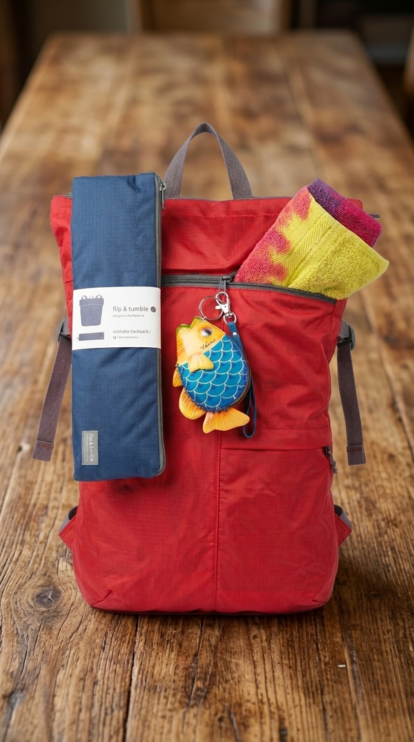 Red backpack with a folded navy backpack clipped to it on a wood surface