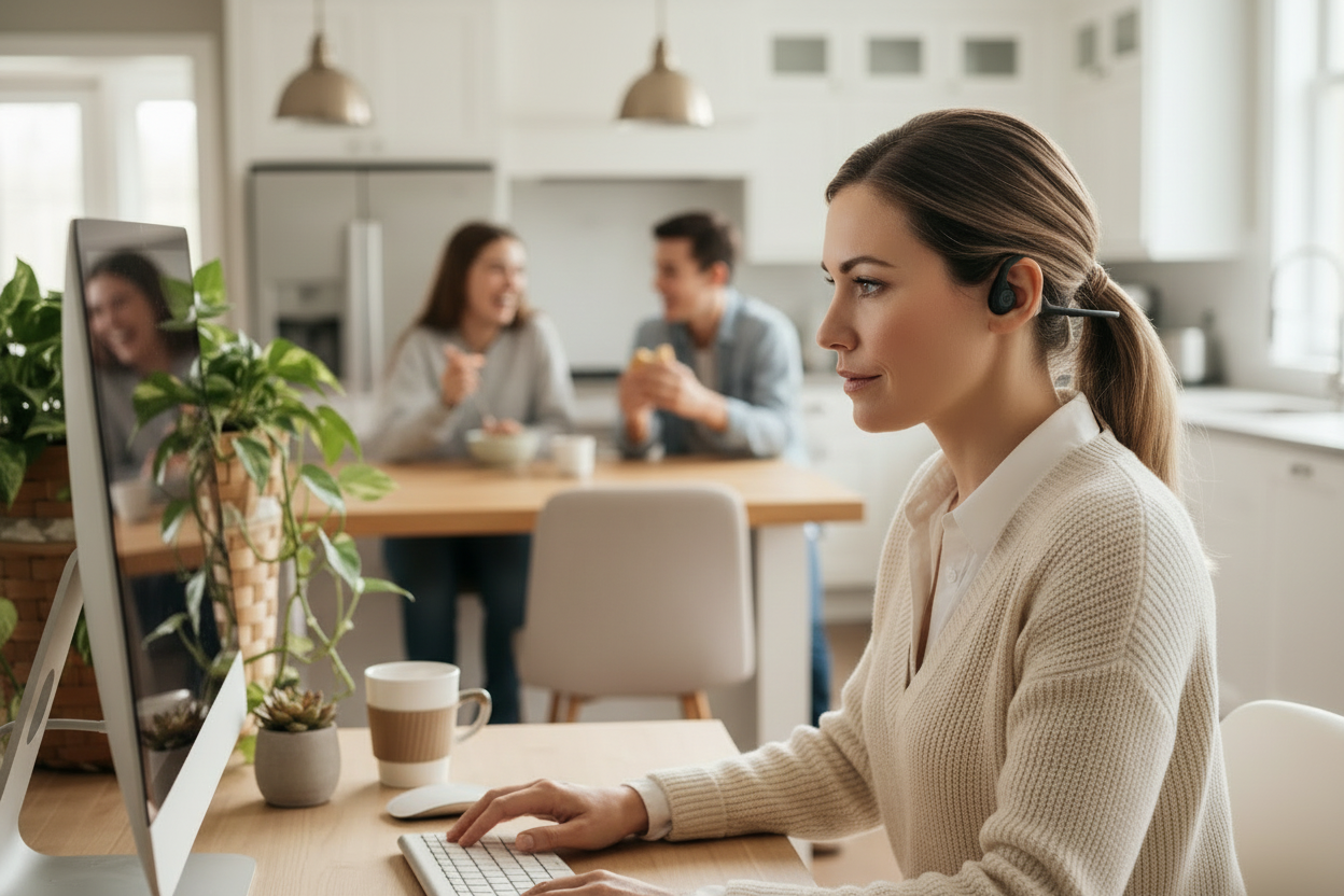 Woman wearing open ear headphones and working on the computer with teens in the background