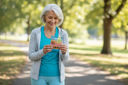 An active woman outside in a park holding a bar of day break chocolate