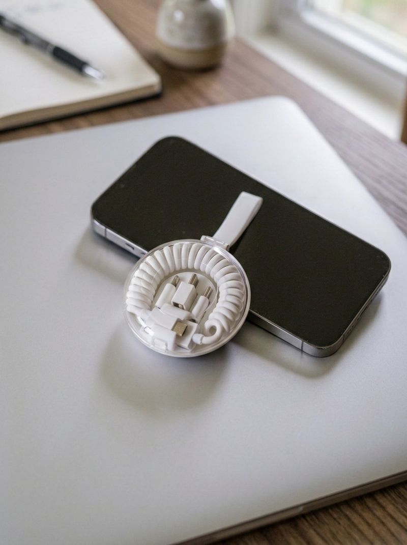 White case containing a 5 in 1 charger with a black phone case on a white surface.