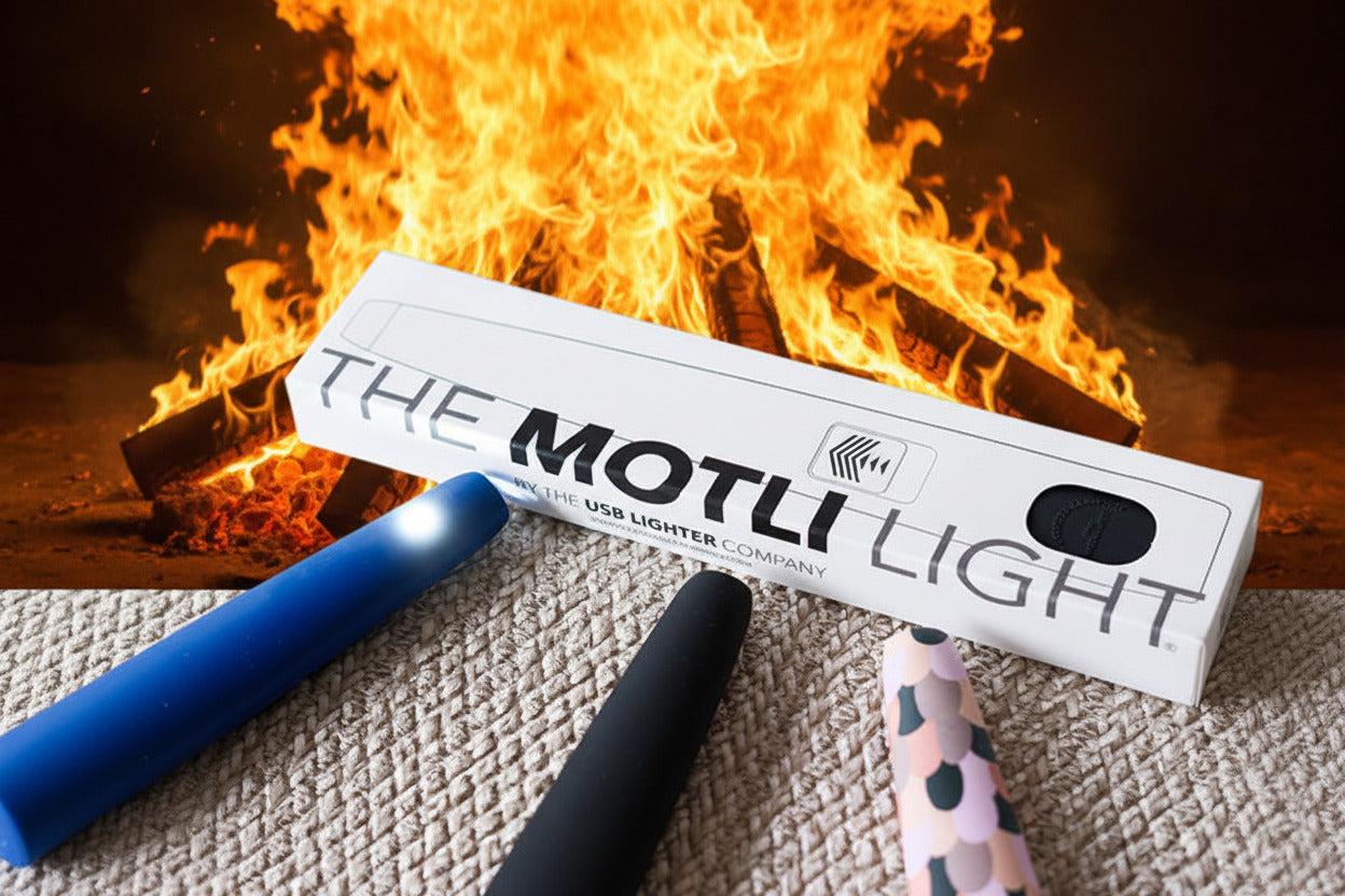 Motli USB lighter packaging with three lighters on a textured surface with  bonire