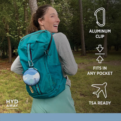 Person with a teal backpack outdoors, featuring product features on the right.