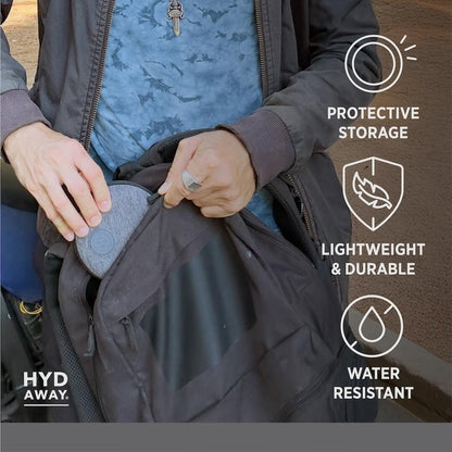 Person holding a jacket with protective storage features highlighted on the right side.
