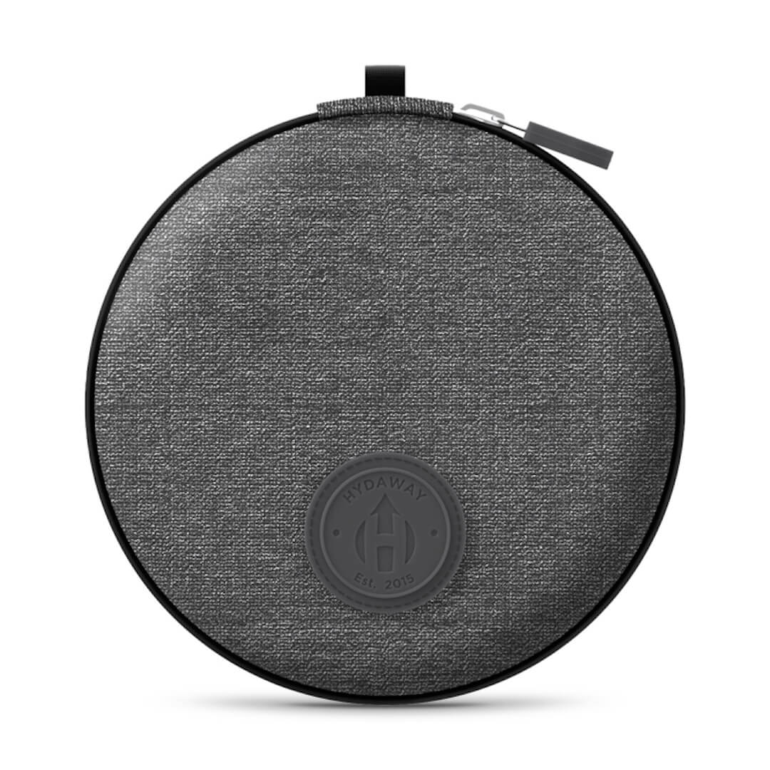 Round gray fabric case with a brand logo on a white background