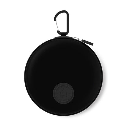 Black round travel case with a carabiner on a white background