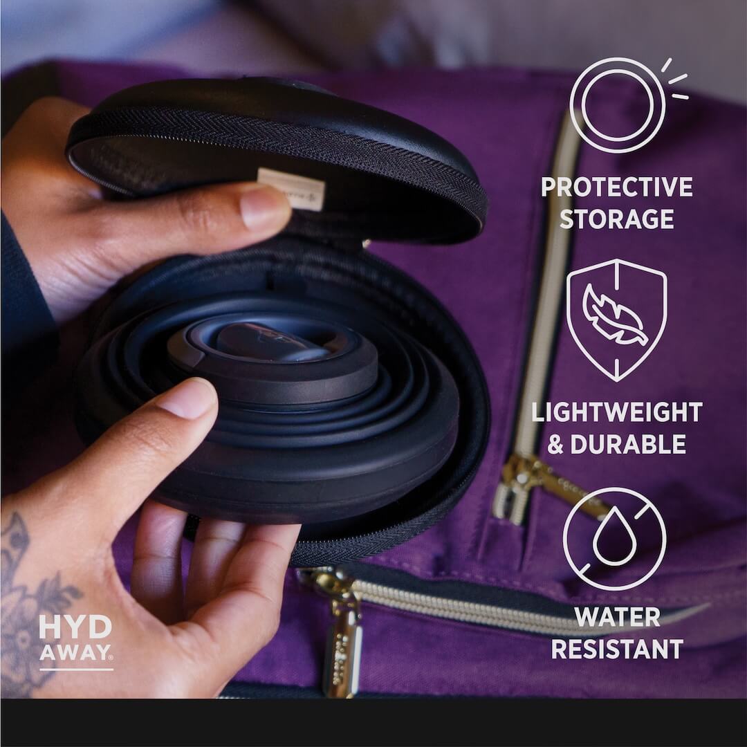Black protective case for a water bottle held by a hand, with features listed on the right.