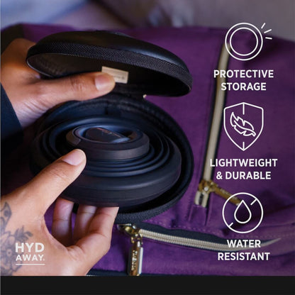 Black protective case for a water bottle held by a hand, with features listed on the right.