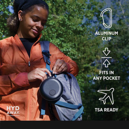 Person in orange jacket with backpack, holding a black container, with product features on the right.