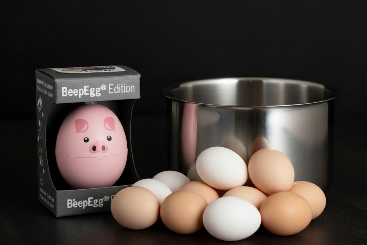 Pink pig-shaped  'BeepEgg Edition' box with a pot and a dozen eggs