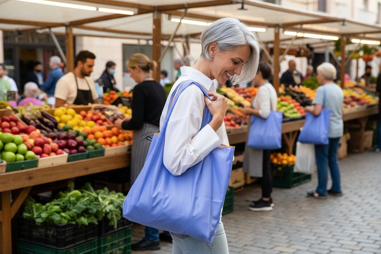 woman at a farmer's market with a violet tote bag