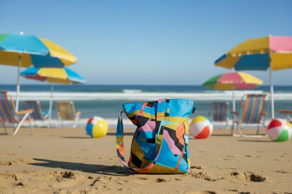 Colorful reusable bag with abstract design on a beach background
