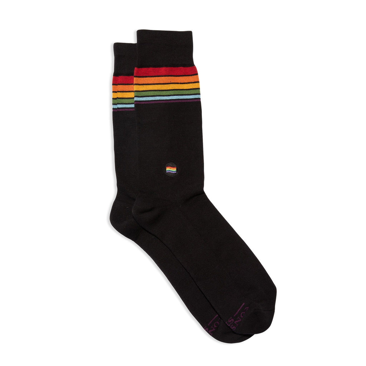 Black sock with rainbow striped pattern on a white background