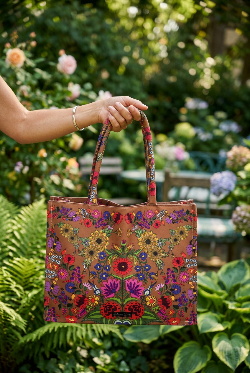 A structured tote bag with a brown base covered in a dense, colorful floral print featuring sunflowers, poppies, and purple blossoms. It has two shoulder straps with a matching pattern and a small white 'Johanne Cos' logo on the lower front.