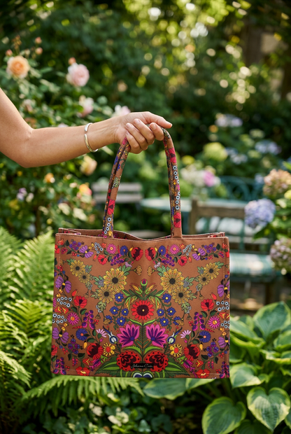 A structured tote bag with a brown base covered in a dense, colorful floral print featuring sunflowers, poppies, and purple blossoms. It has two shoulder straps with a matching pattern and a small white 'Johanne Cos' logo on the lower front.