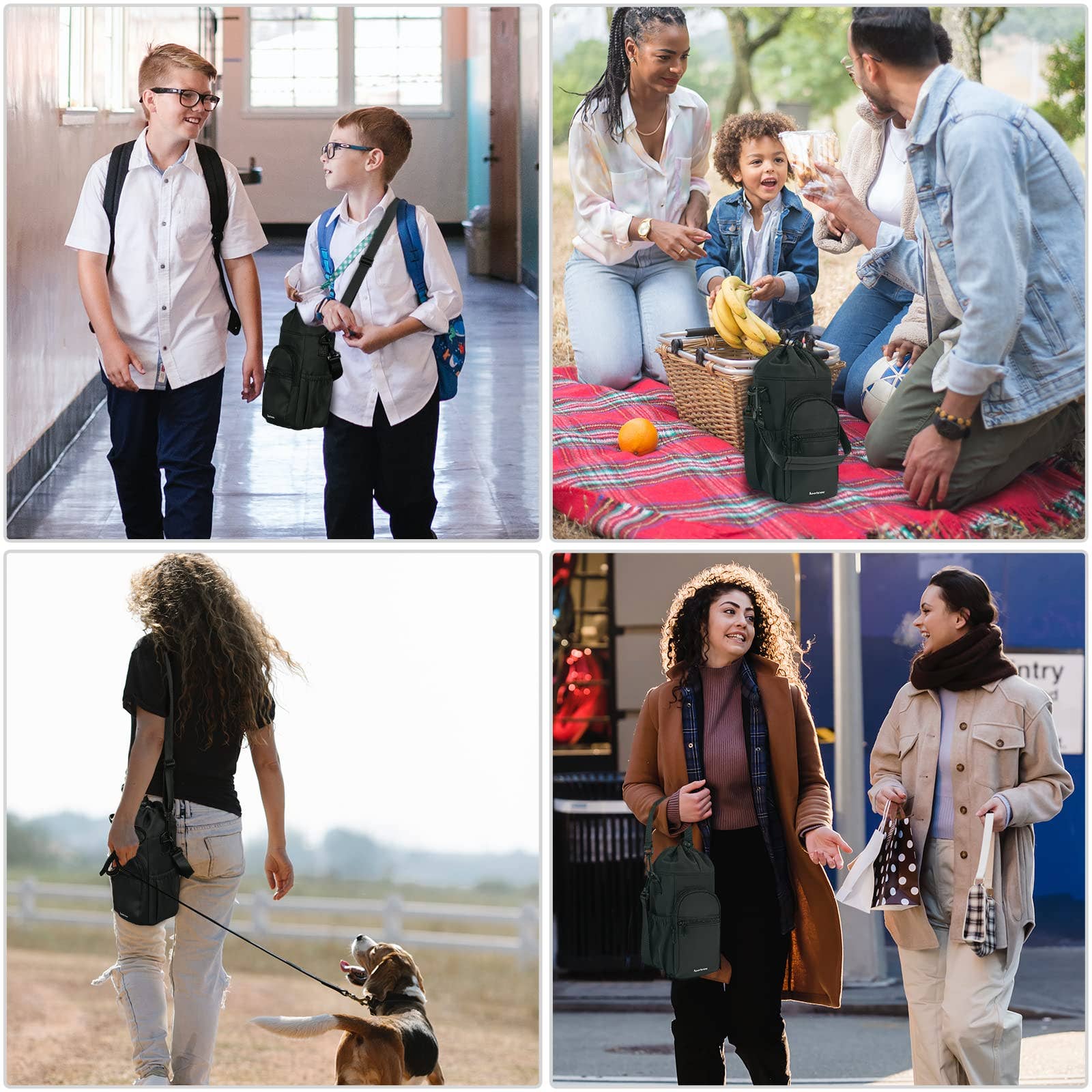 Collage of people with bags in various settings