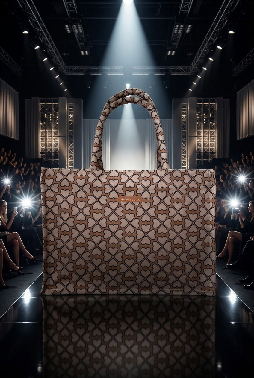 A tote bag with a repeating geometric heart pattern in brown, beige, and black, featuring two top handles and a small brown leather brand patch on the front.