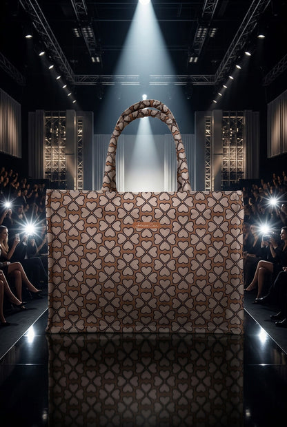 A tote bag with a repeating geometric heart pattern in brown, beige, and black, featuring two top handles and a small brown leather brand patch on the front.