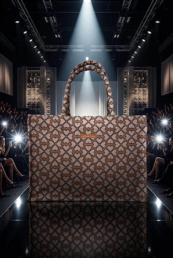A tote bag with a repeating geometric heart pattern in brown, beige, and black, featuring two top handles and a small brown leather brand patch on the front.