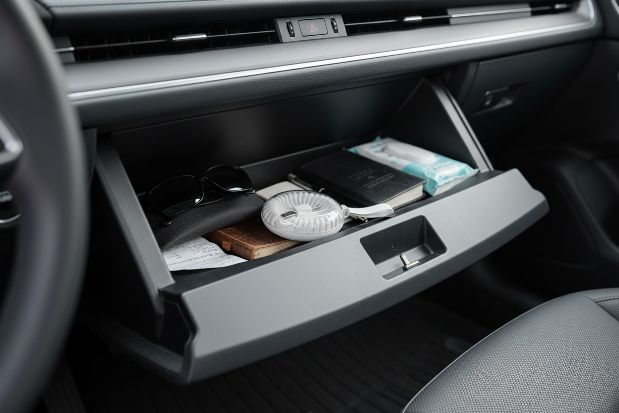 Car console with open storage compartment containing items like sunglasses and a phone.