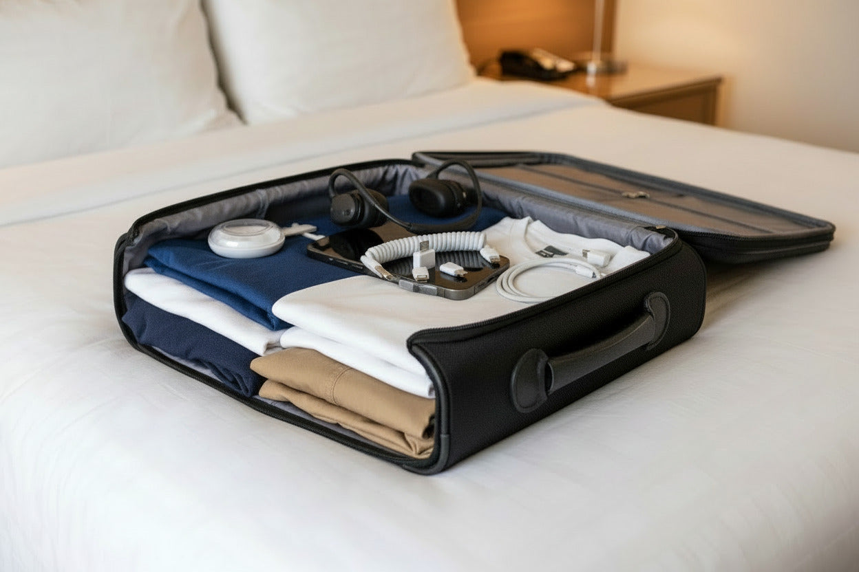 Phone with multiple cables in a suitcase on a hotel bed