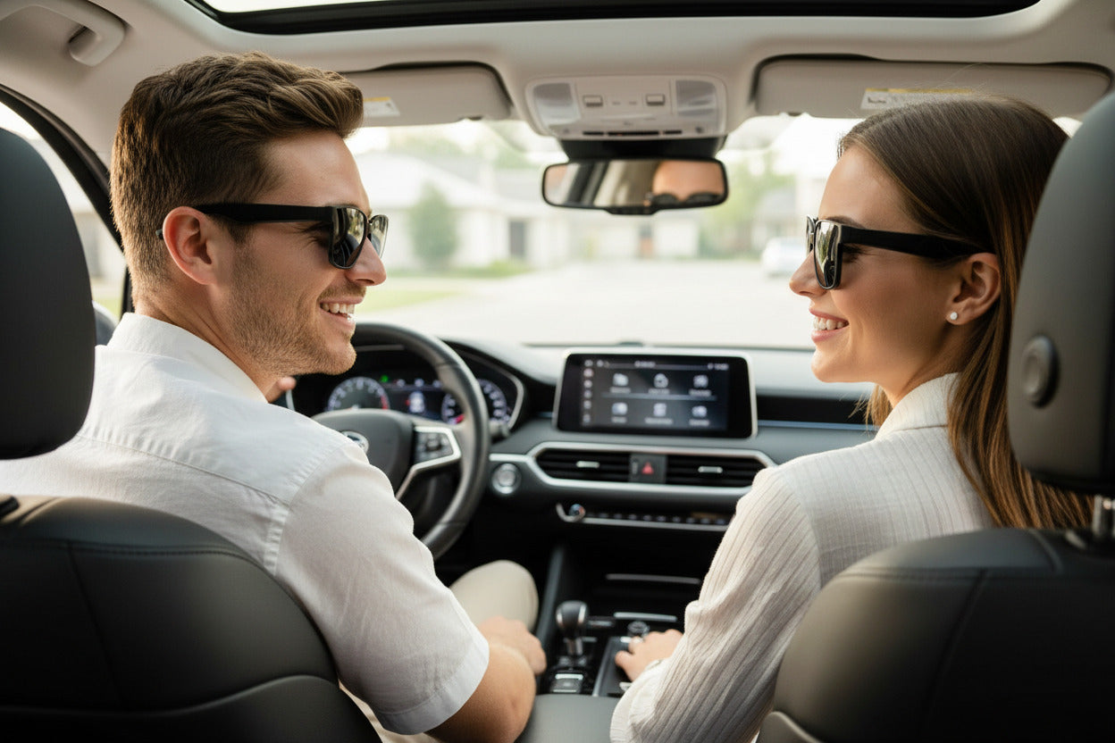man and woman driving in a car wearing smart sunlasses
