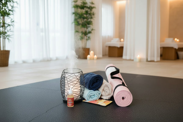 Yoga mat, towels, diffuser with smoke, and bottle in a spa