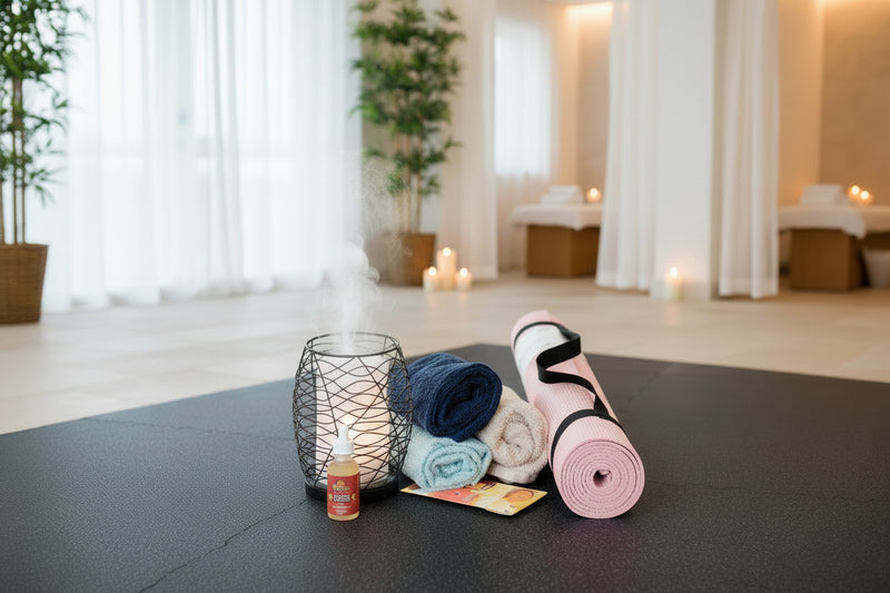 Yoga mat, towels, diffuser with smoke, and bottle in a spa