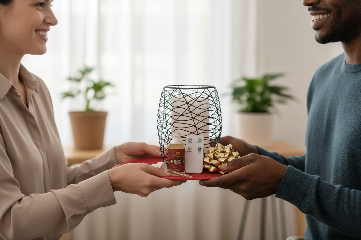 Man is gifting a woman a diffuser and bottle of oil.