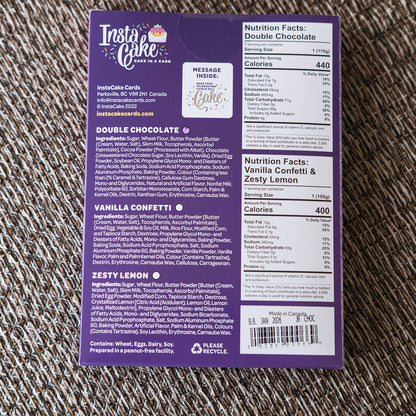 Back of an InstaCake product packaging with text and nutrition facts on a textured surface.