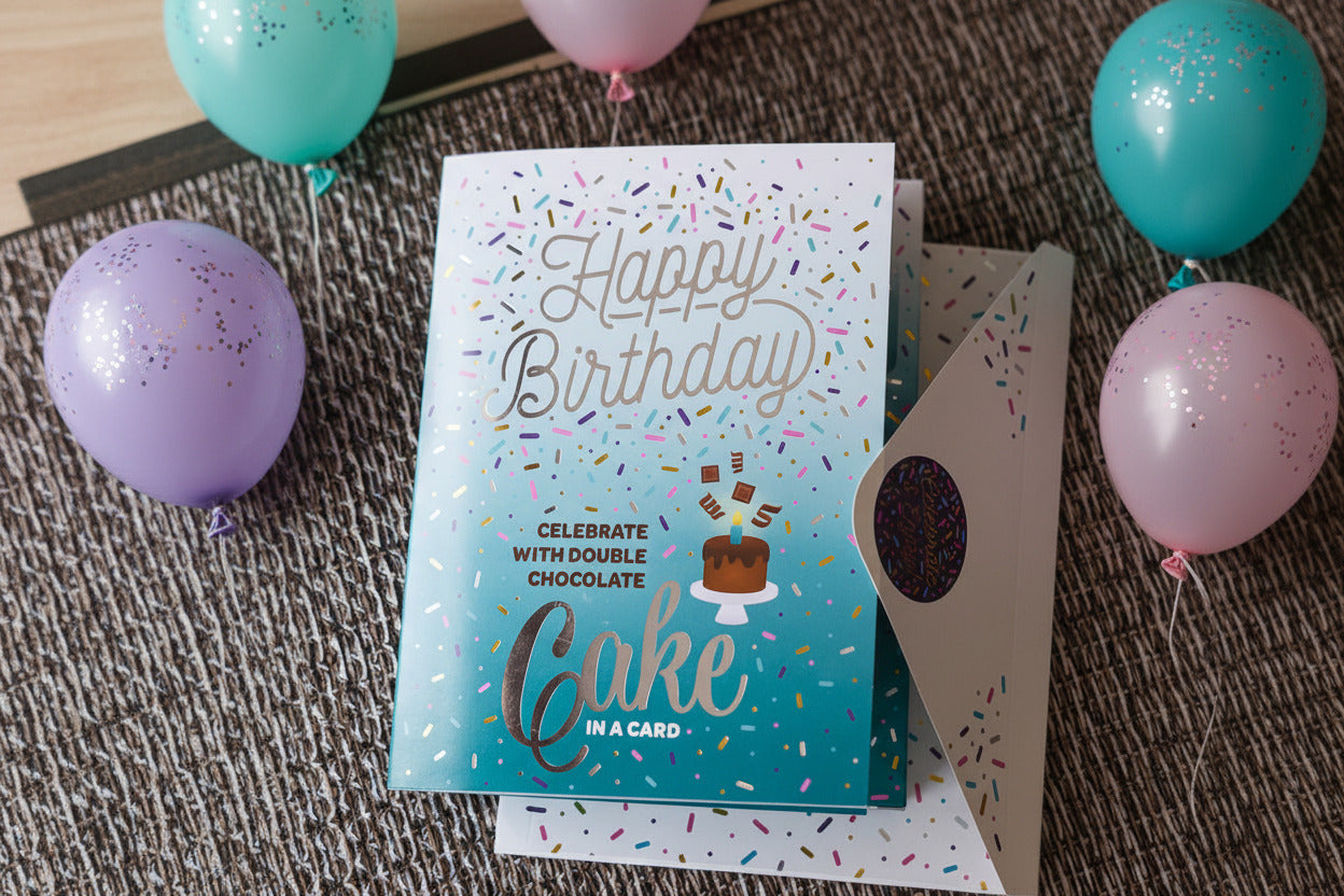 Birthday card with cake illustration and text on a textured surface. Card contains an instant cake mix.