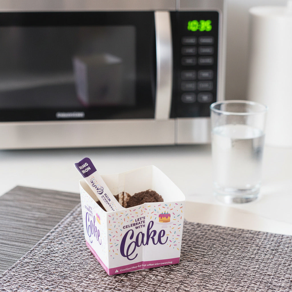 Box of instant cake with a mixing spoon on a textured surface