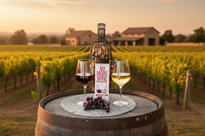 Wine bottle with a box labeled 'No More Wine Headaches' on a table with two glasses of wine and grapes.