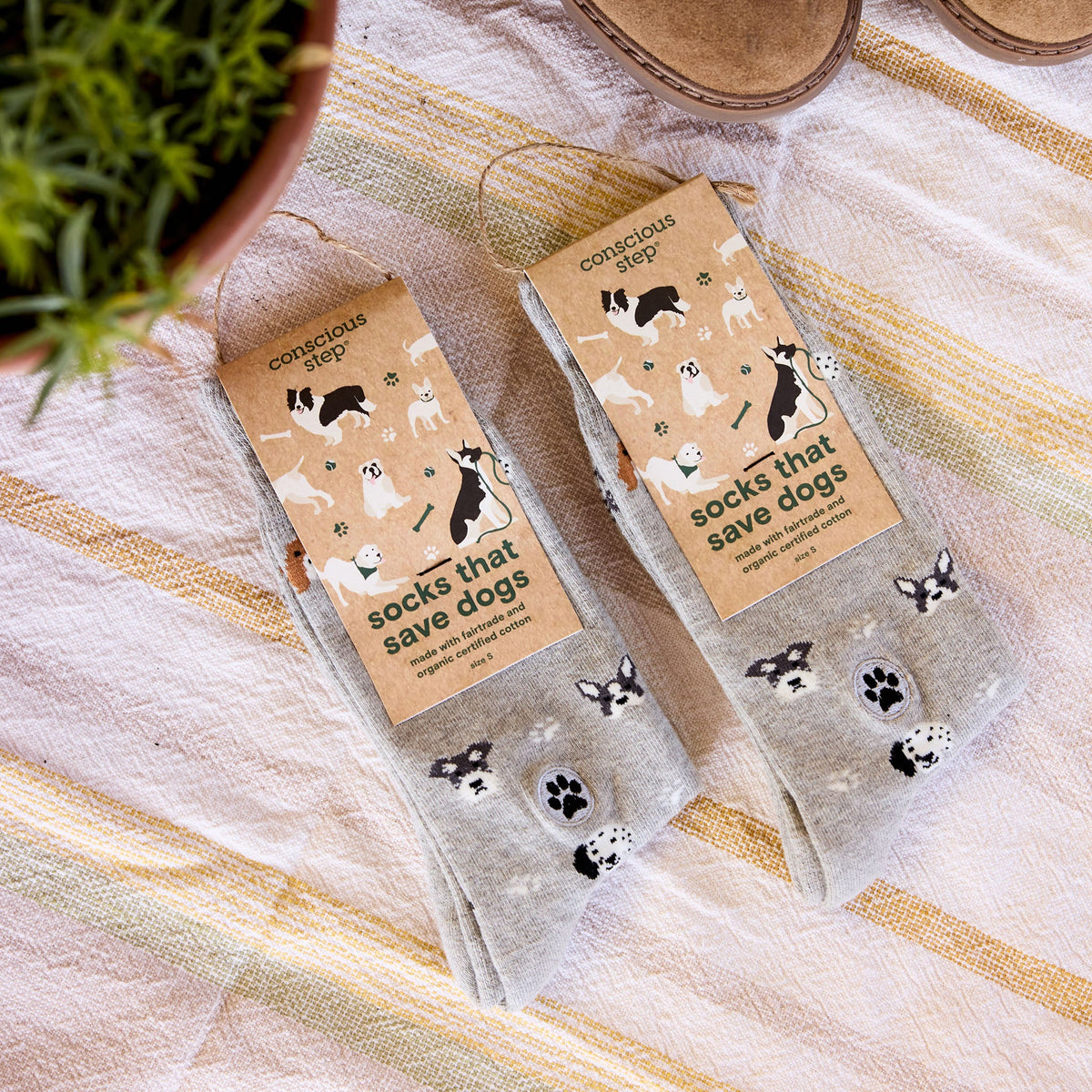 Two pairs of socks with dog-themed design and packaging on a textured surface.